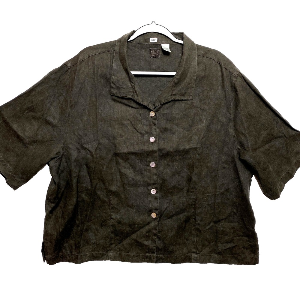 Lino By Chicos Boxy Shirt Womens 3 Brown Cropped Button Up Lagenlook